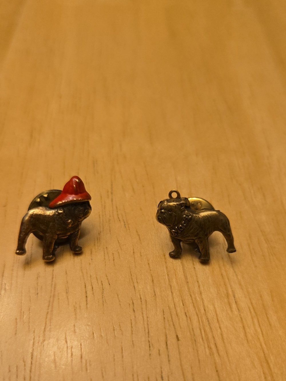 Small Pet Bulldog Charm Pins in Bronze with Red Accent